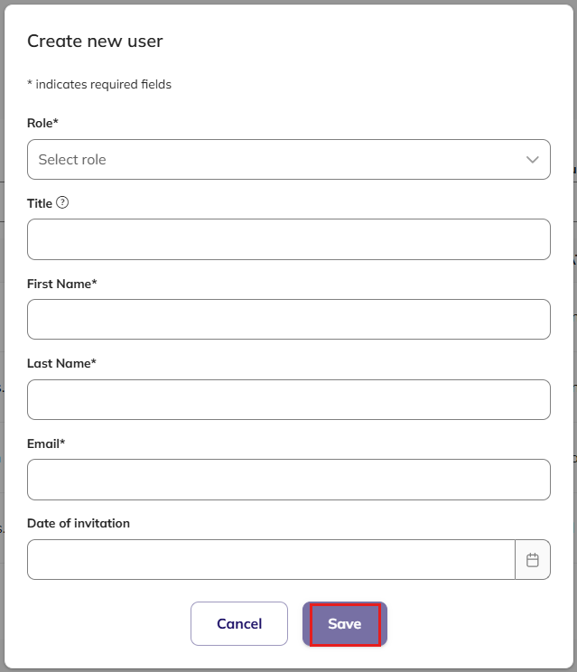 The Save button on the Create new user form