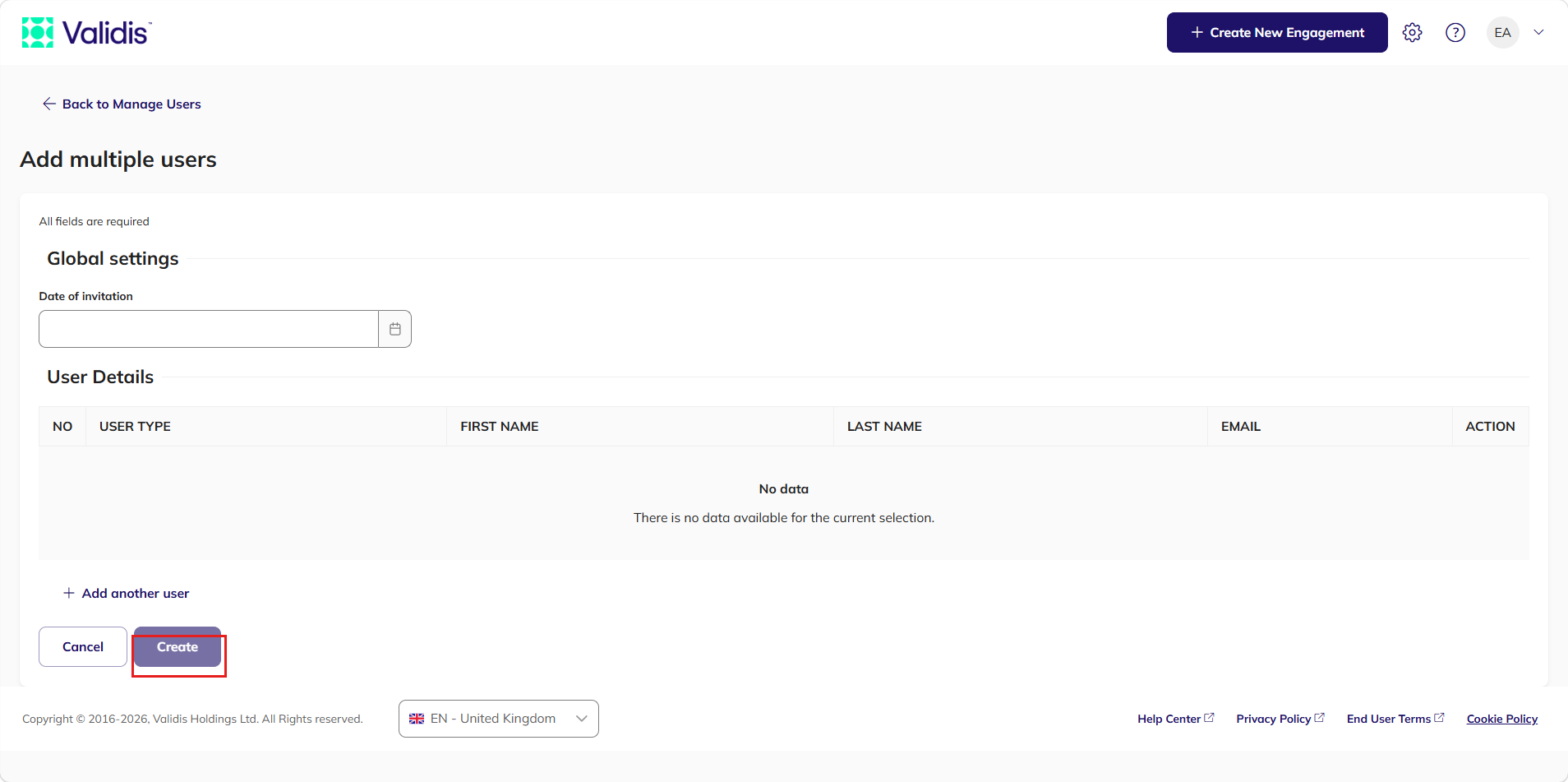 The Add multiple users screen, with the Create button highlighted