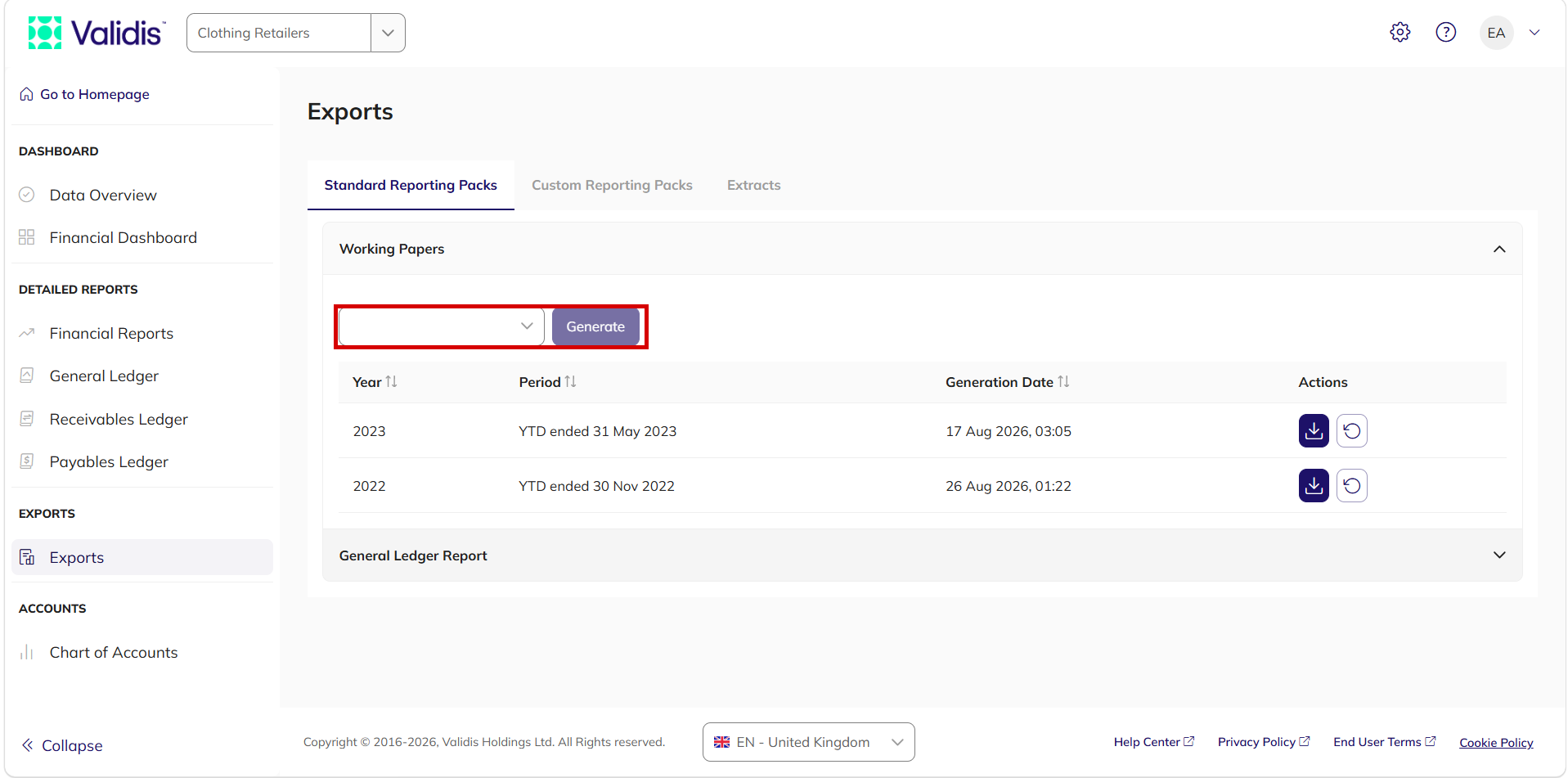 The Exports page on the Standard Reporting Packs tab, with the Working Papers period dropdown and Generate button highlighted