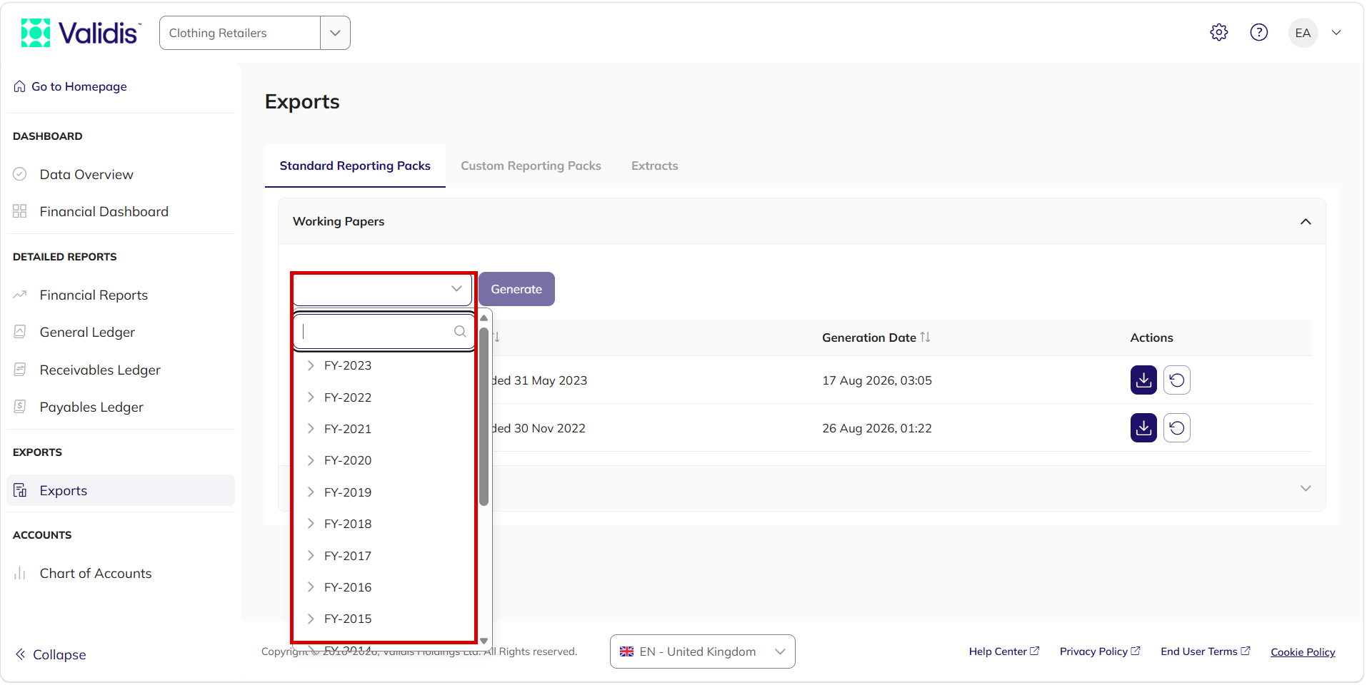 The period dropdown open, listing financial years with a search box