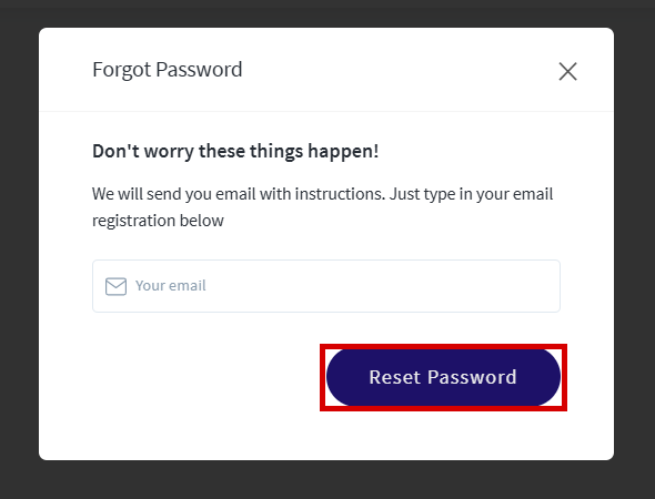 The Forgot Password window with the Your email field and the Reset Password button highlighted