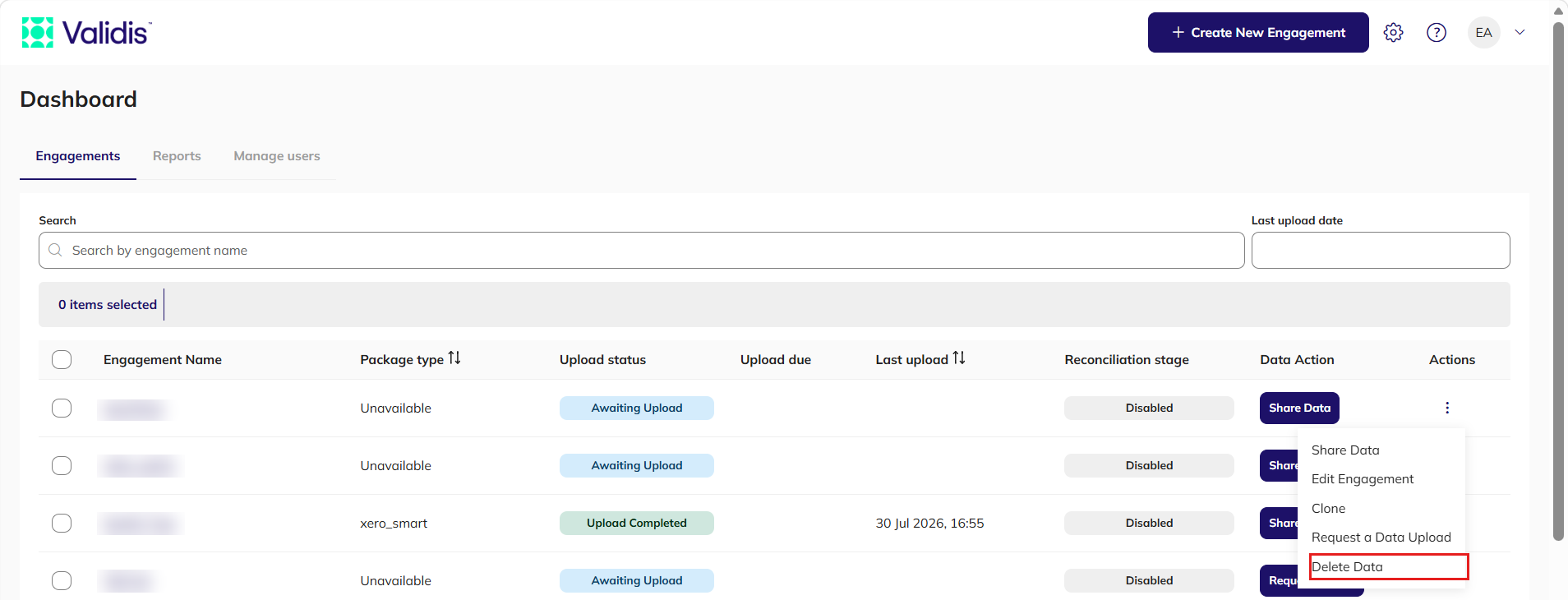 Search for the engagement, then select Delete Data from the Actions menu