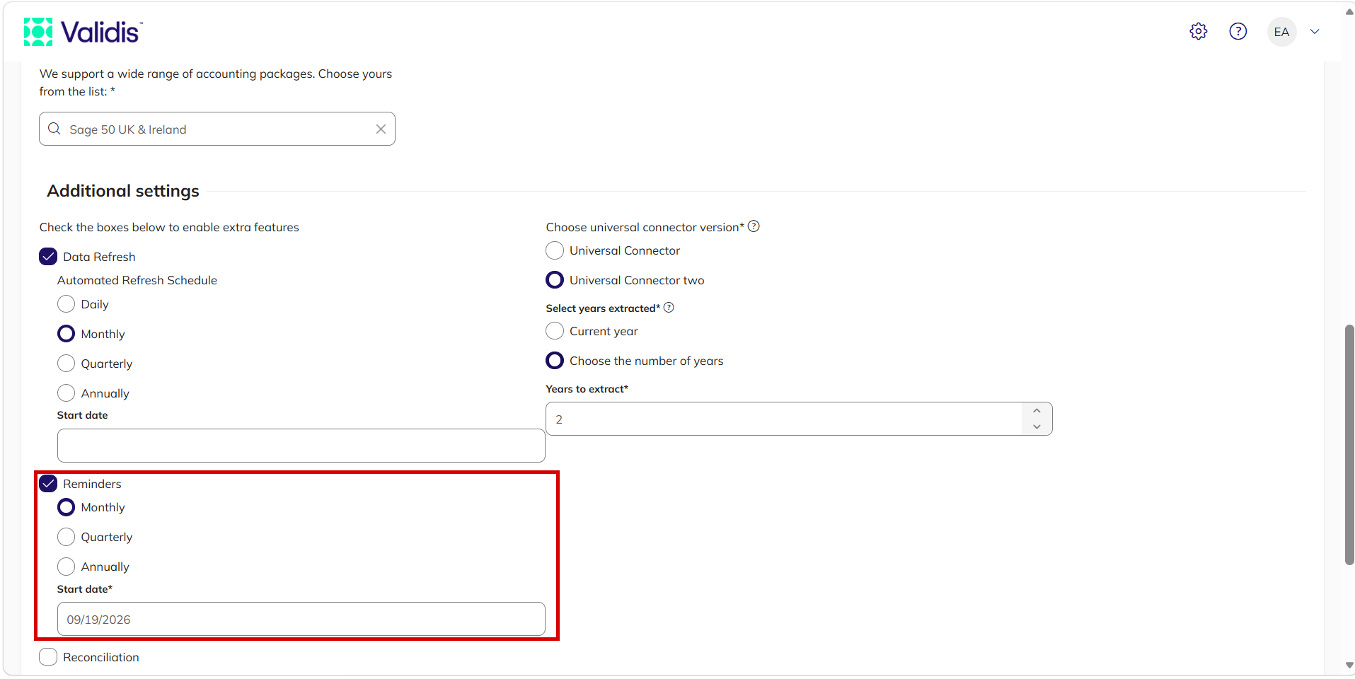 Additional settings with the Reminders tick box, the frequency options and the Start date field highlighted