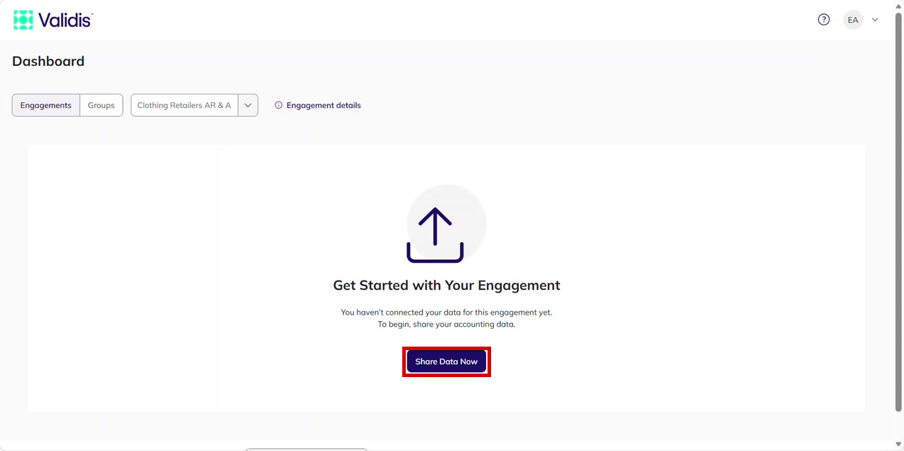 The dashboard for an engagement with no data yet, with the Share Data Now button highlighted