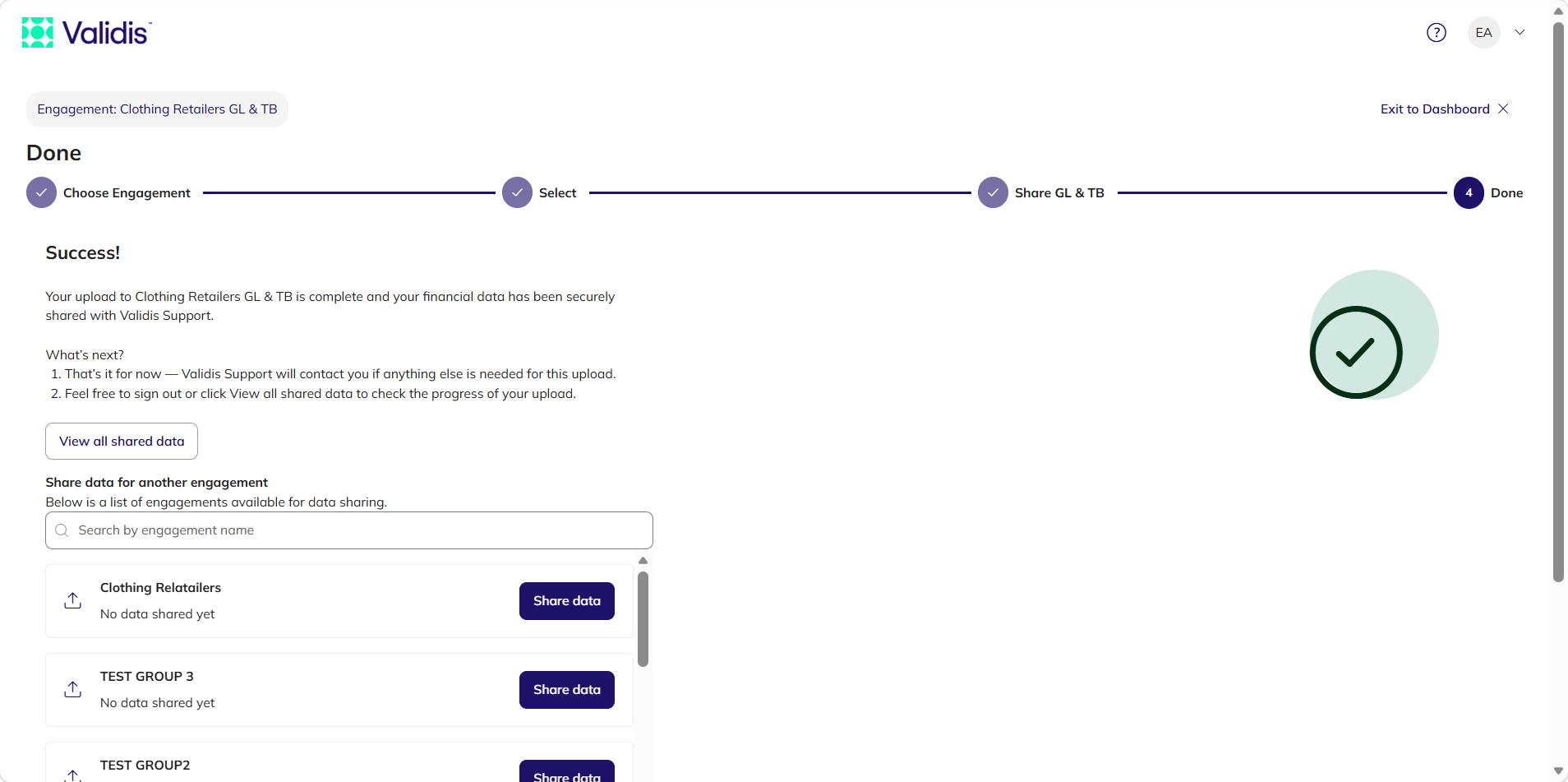 The Done step showing the Success message, the View all shared data button and the list of other engagements