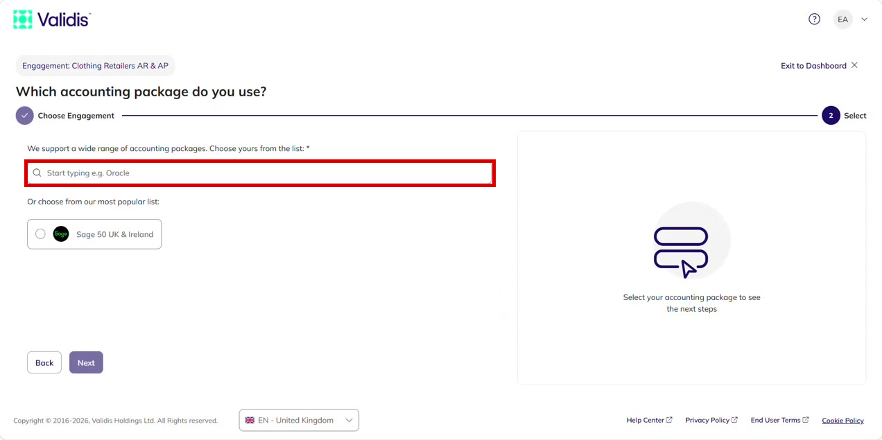 The accounting package step with the search box highlighted and the most popular list below it