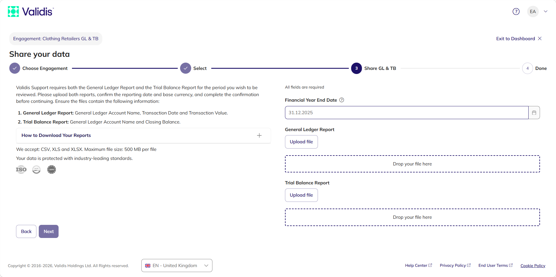 The Share GL and TB step showing the requirements on the left and the Financial Year End Date and two upload areas on the right