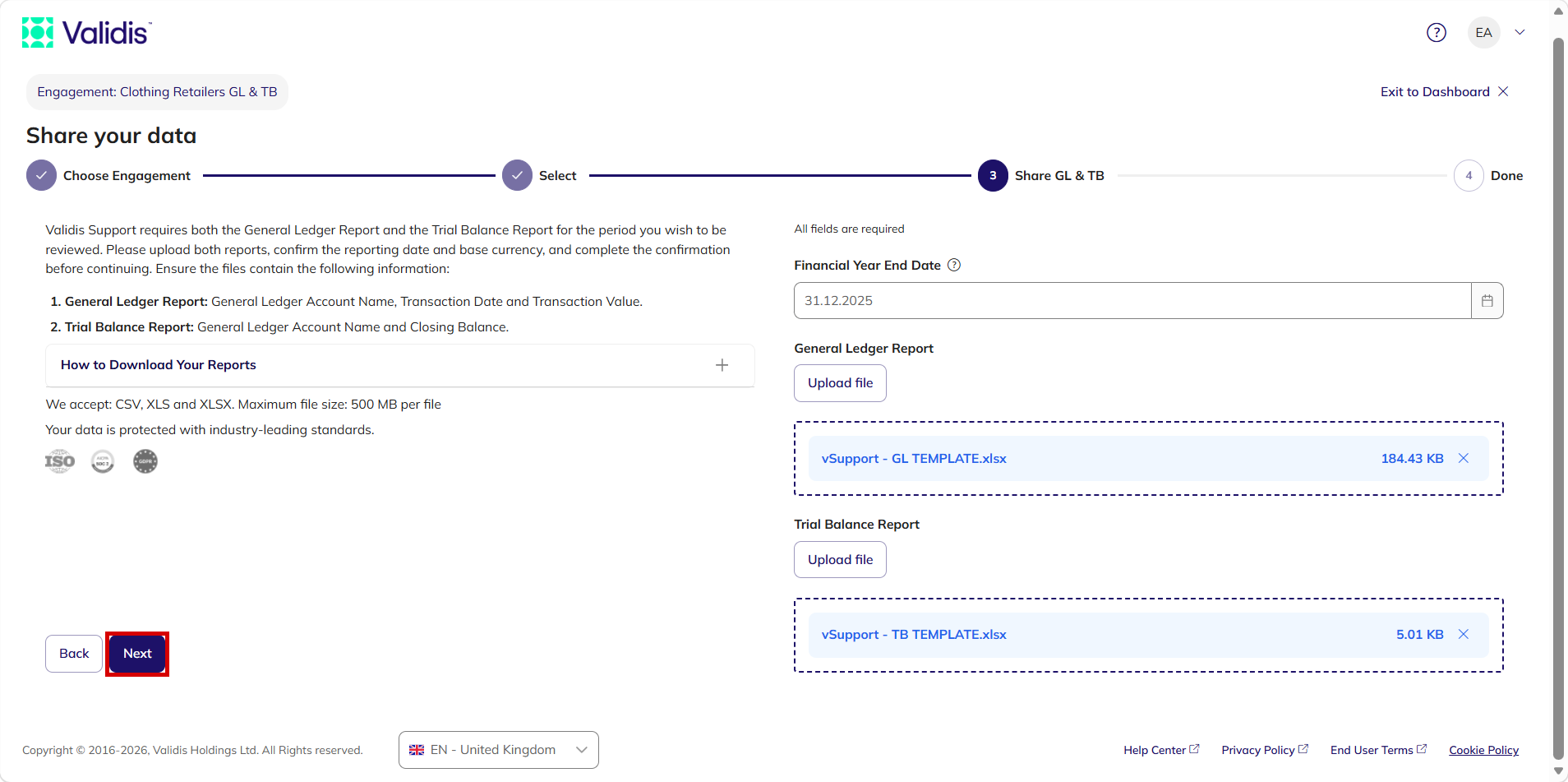 The upload page with a file attached under both General Ledger Report and Trial Balance Report and the Next button highlighted