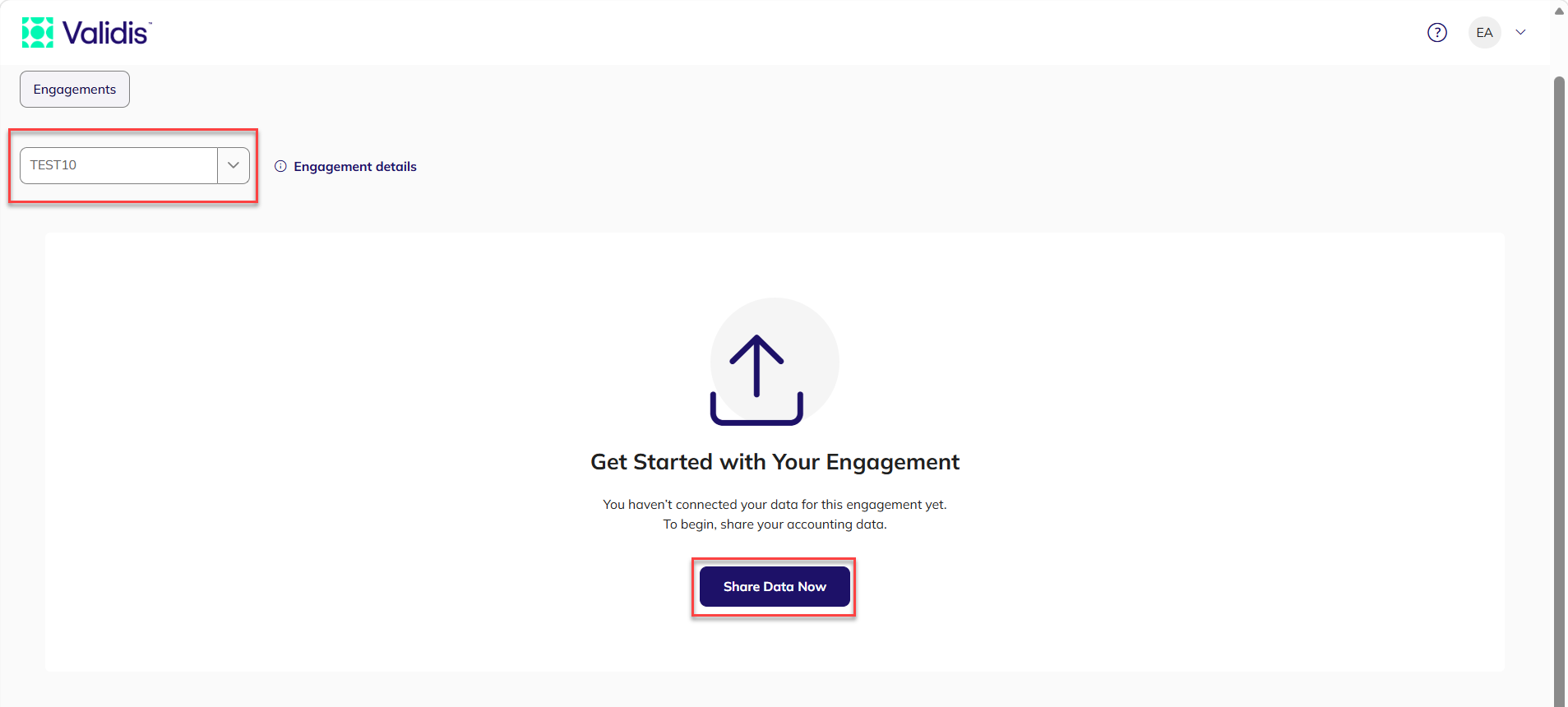 The Validis dashboard with the Share Data Now button