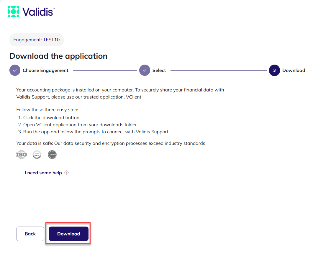 The Download the application screen