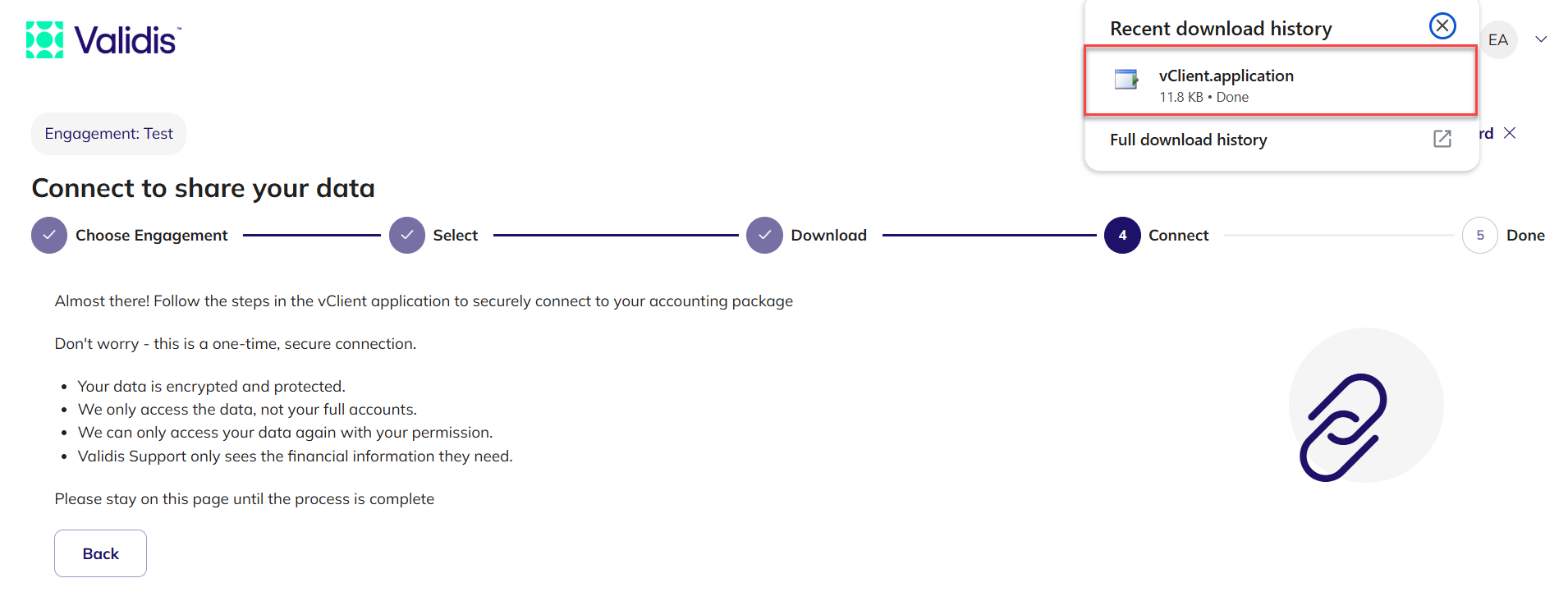 The downloaded vClient file in the browser download history
