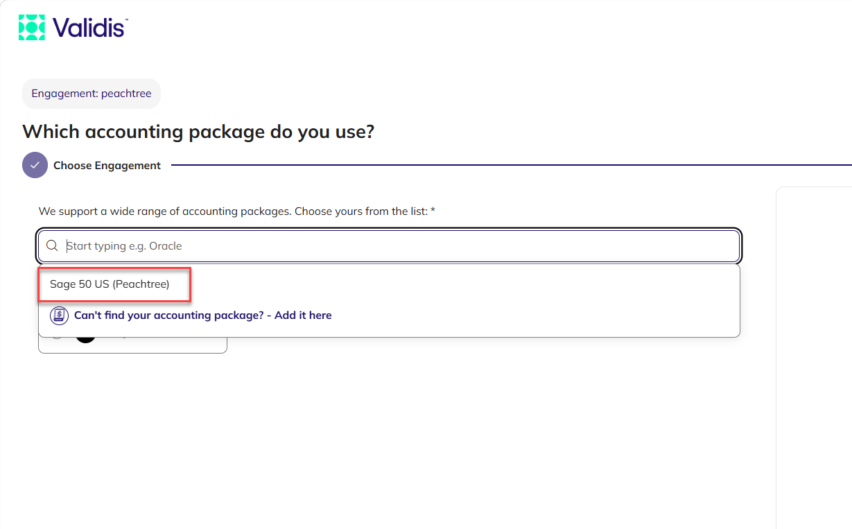 The accounting package step with Sage 50 US Peachtree selected