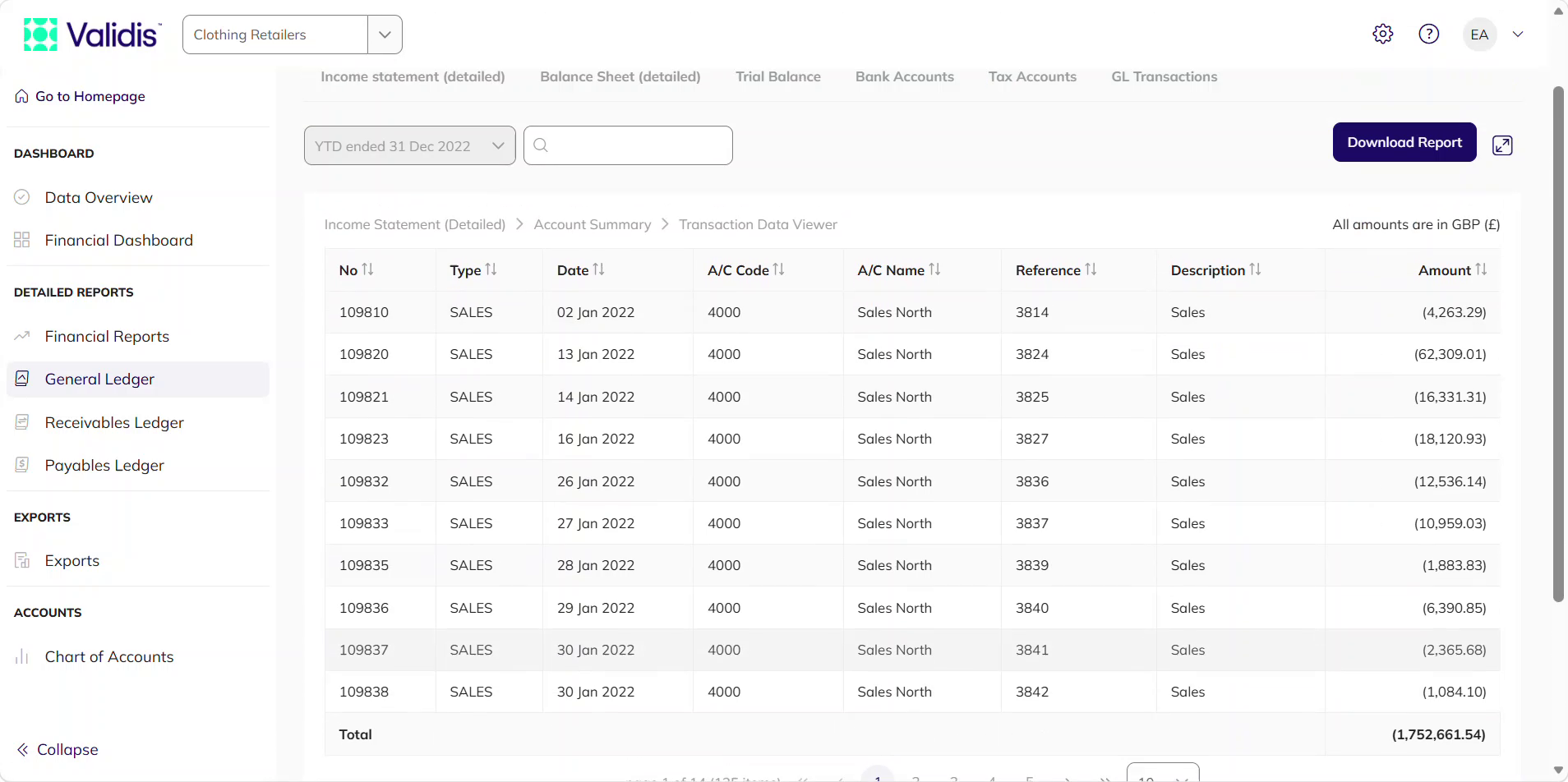 Transaction Data Viewer listing every transaction posted to the selected account
