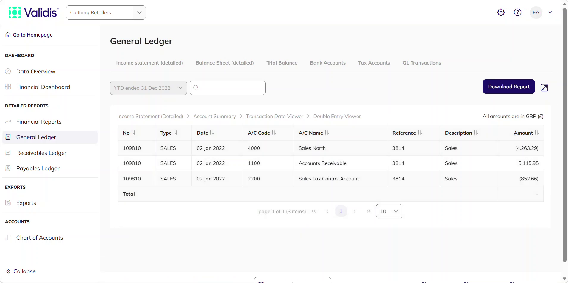 Double Entry Viewer showing each side of the selected transaction and the accounts it was posted to