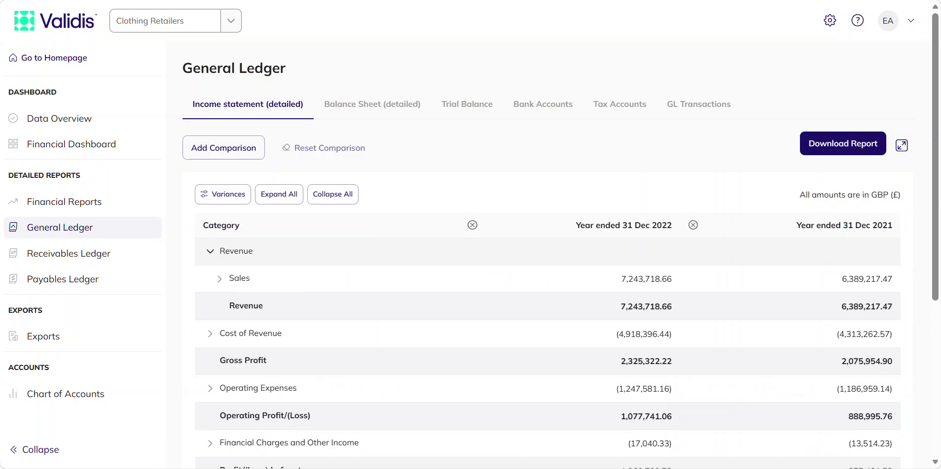 Income statement (detailed) report with the Revenue category expanded
