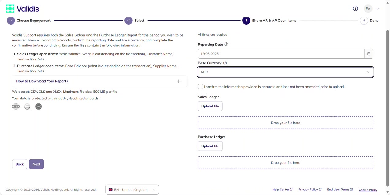The Share your data page showing the requirements on the left and the Reporting Date, Base Currency, confirmation checkbox and two upload areas on the right