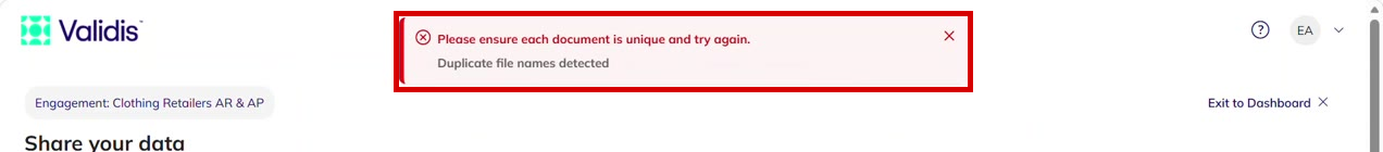 The duplicate file names error message shown at the top of the upload page