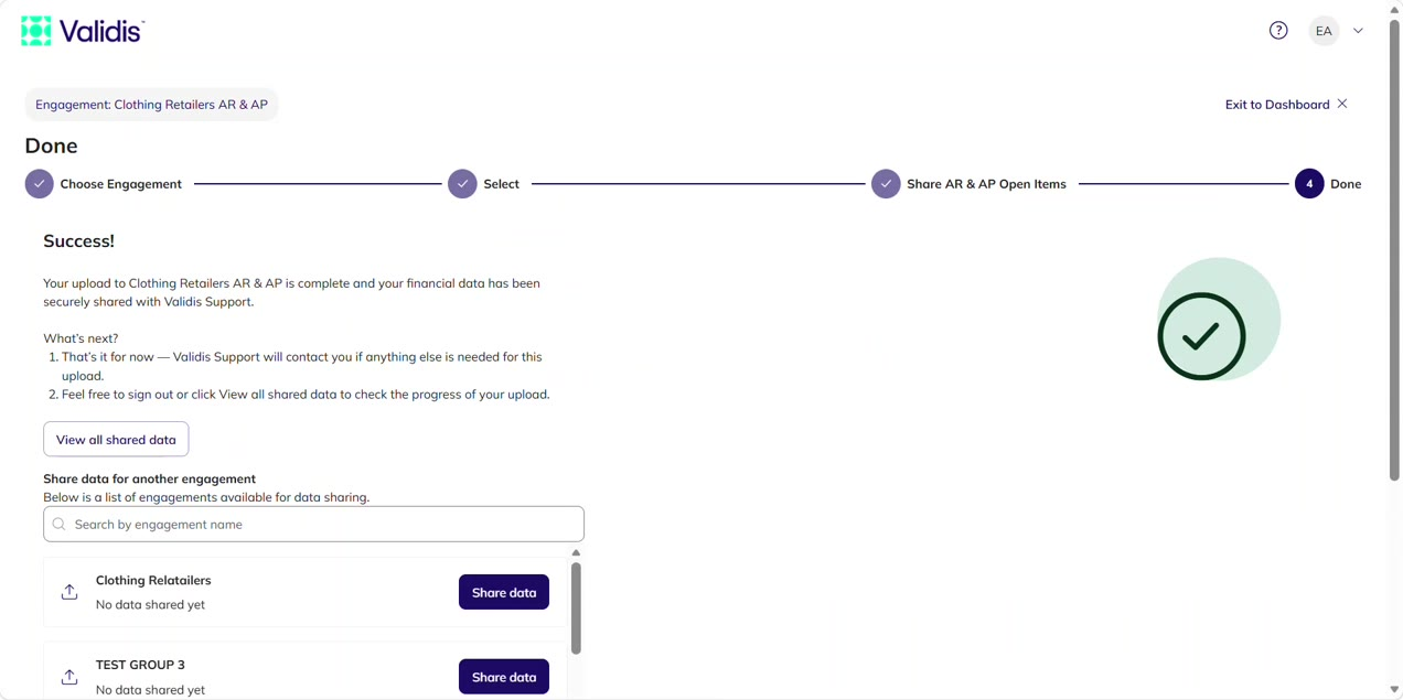 The Done step showing the Success message, the View all shared data button and the list of other engagements