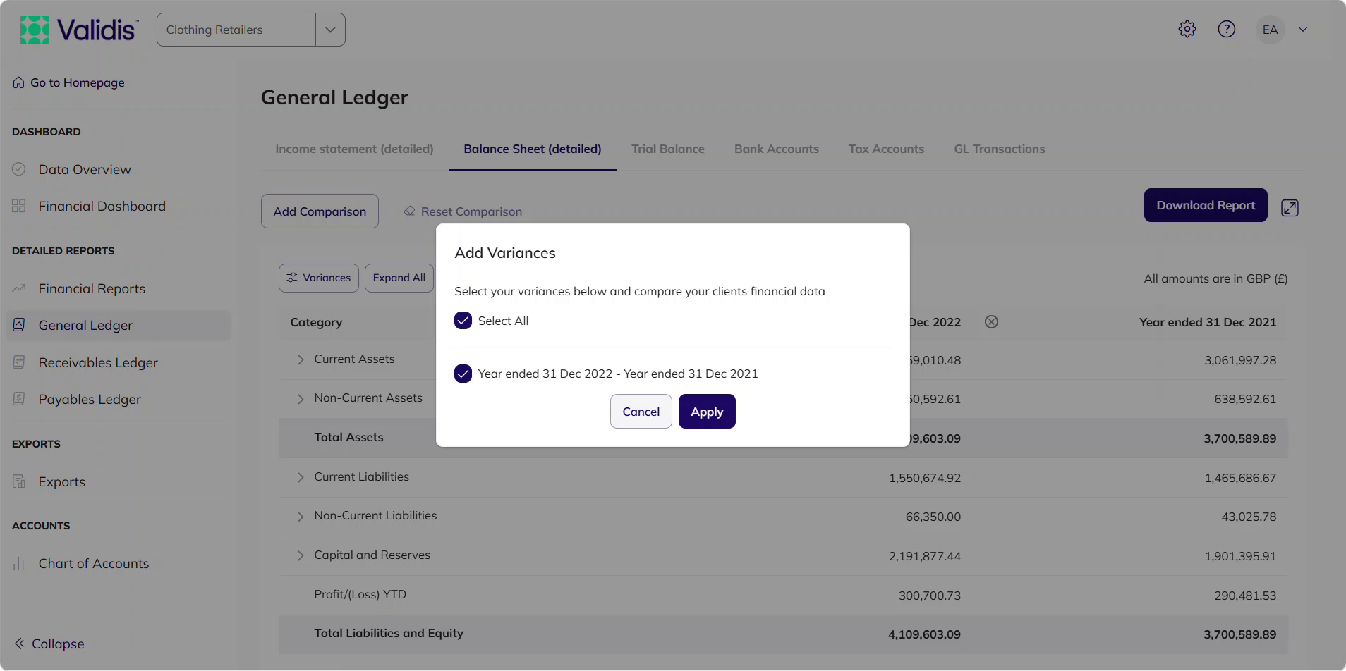 Add Variances window listing available period comparisons with Select All, Cancel and Apply