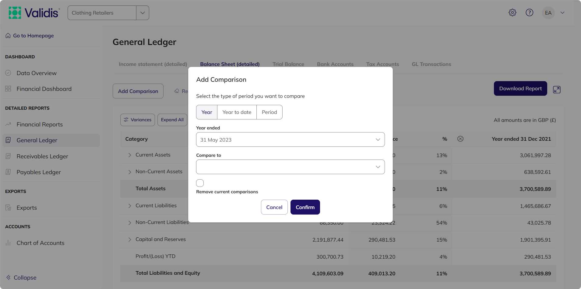 Add Comparison window with Year, Year to date and Period options, a Year ended dropdown, a Compare to dropdown and a Remove current comparisons checkbox