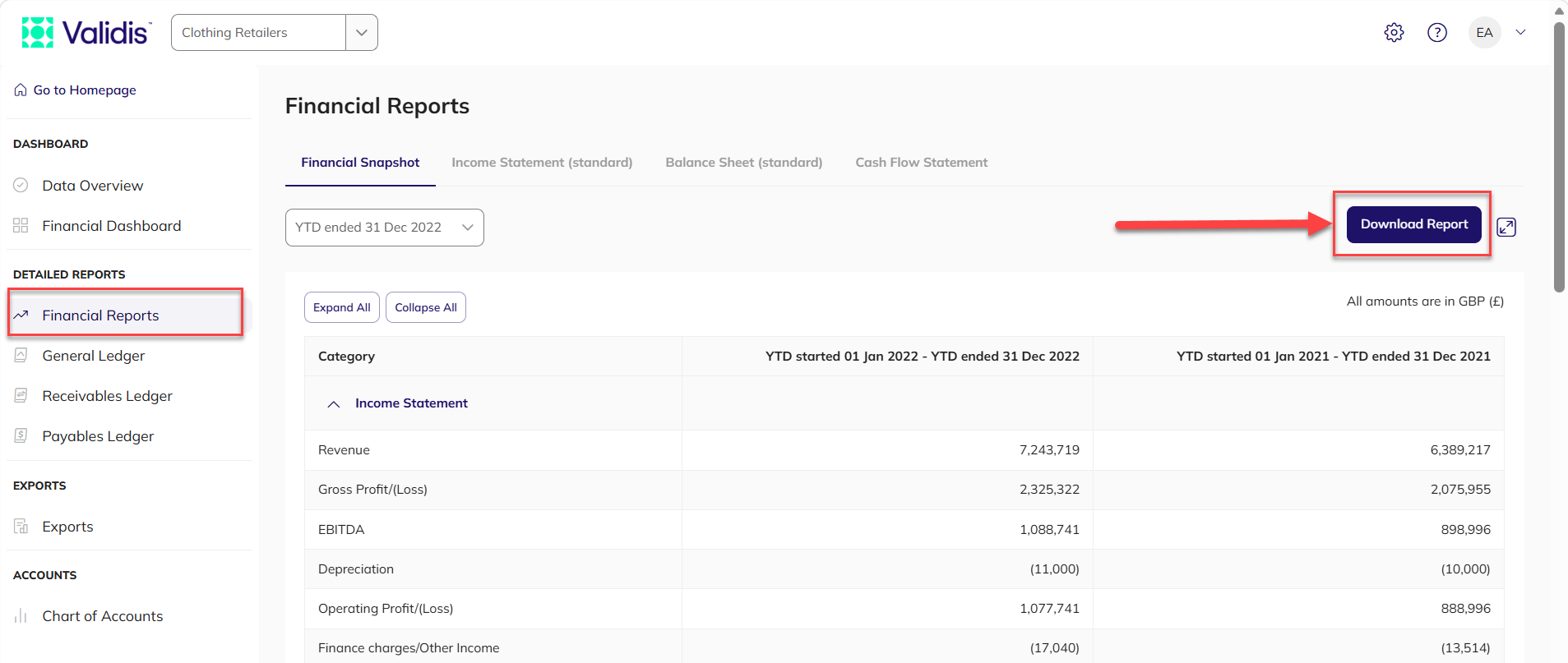Financial Reports with the Download Report button highlighted