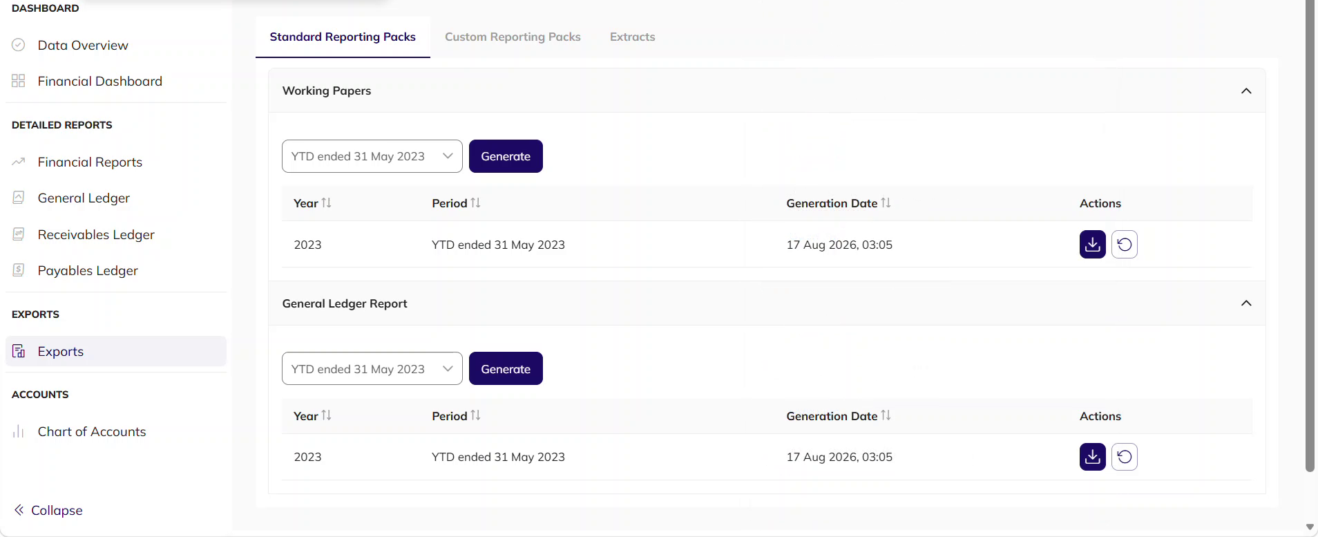 General Ledger Report section expanded with a period dropdown, Generate button and a list of previously generated reports