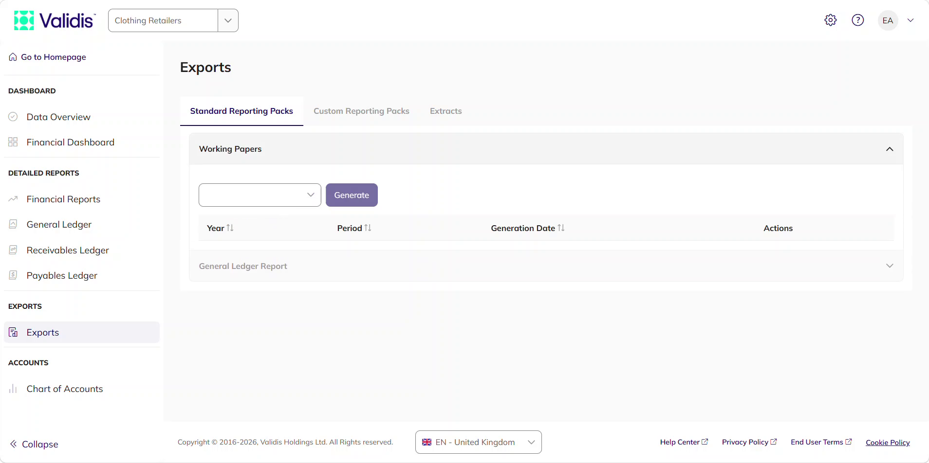 Exports page on the Standard Reporting Packs tab with the Working Papers section expanded