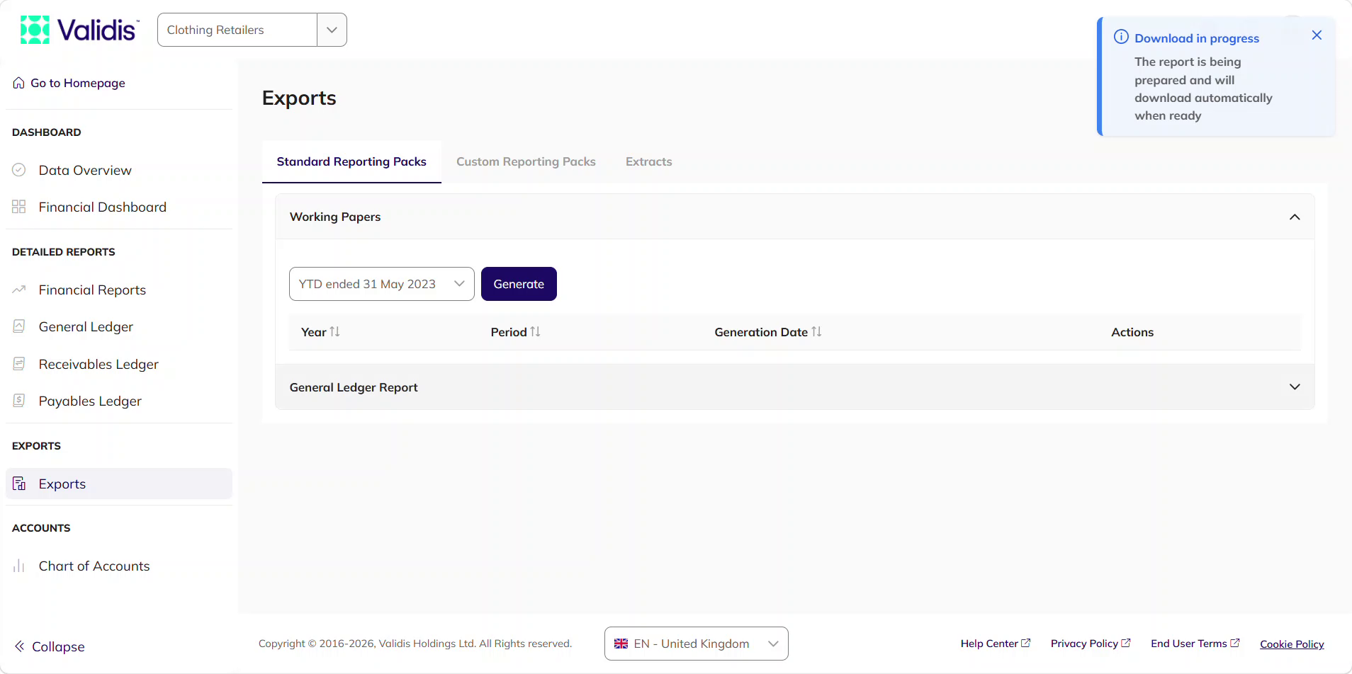 Working Papers with a period selected and a Download in progress message confirming the pack is being prepared