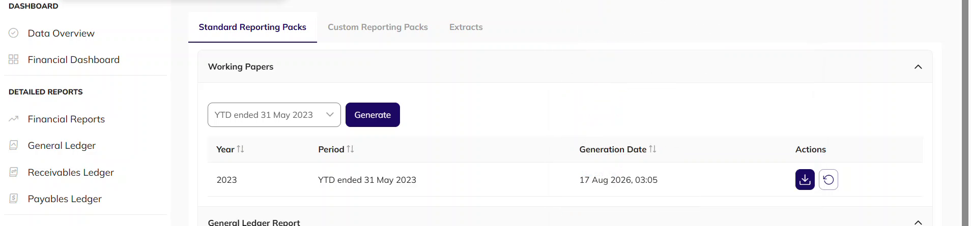 A previously generated Working Papers pack listed with its year, period, generation date and download and regenerate options