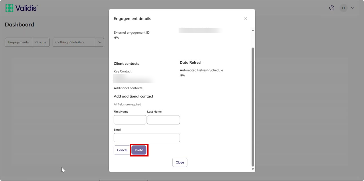 The Add additional contact form with First Name, Last Name and Email fields, and the Invite button highlighted