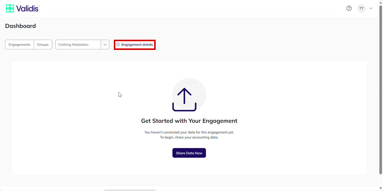 Validis dashboard with the Engagement details link highlighted next to the engagement selector