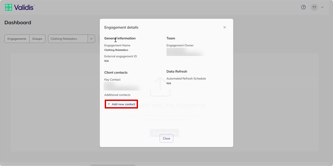 Engagement details window showing the Client contacts section with the Add new contact link highlighted