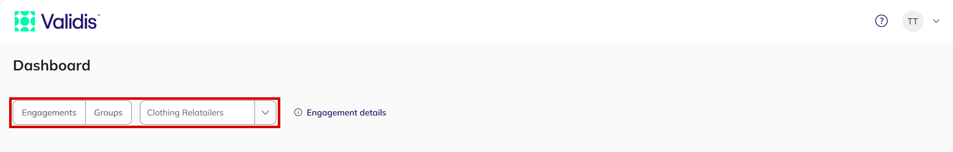 Validis dashboard with the Engagements and Groups options and the engagement selector highlighted