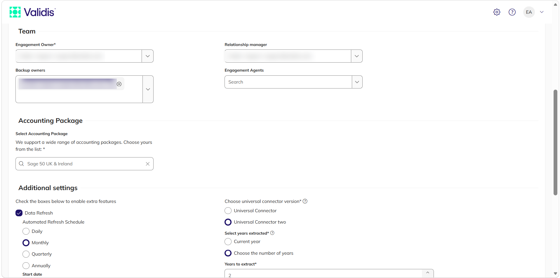 The middle of the Edit Engagement page showing the Team and Accounting Package sections and the start of Additional settings