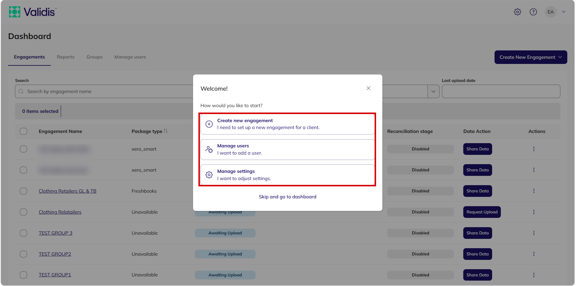 The Welcome pop-up on the Dashboard, with the three starting options highlighted