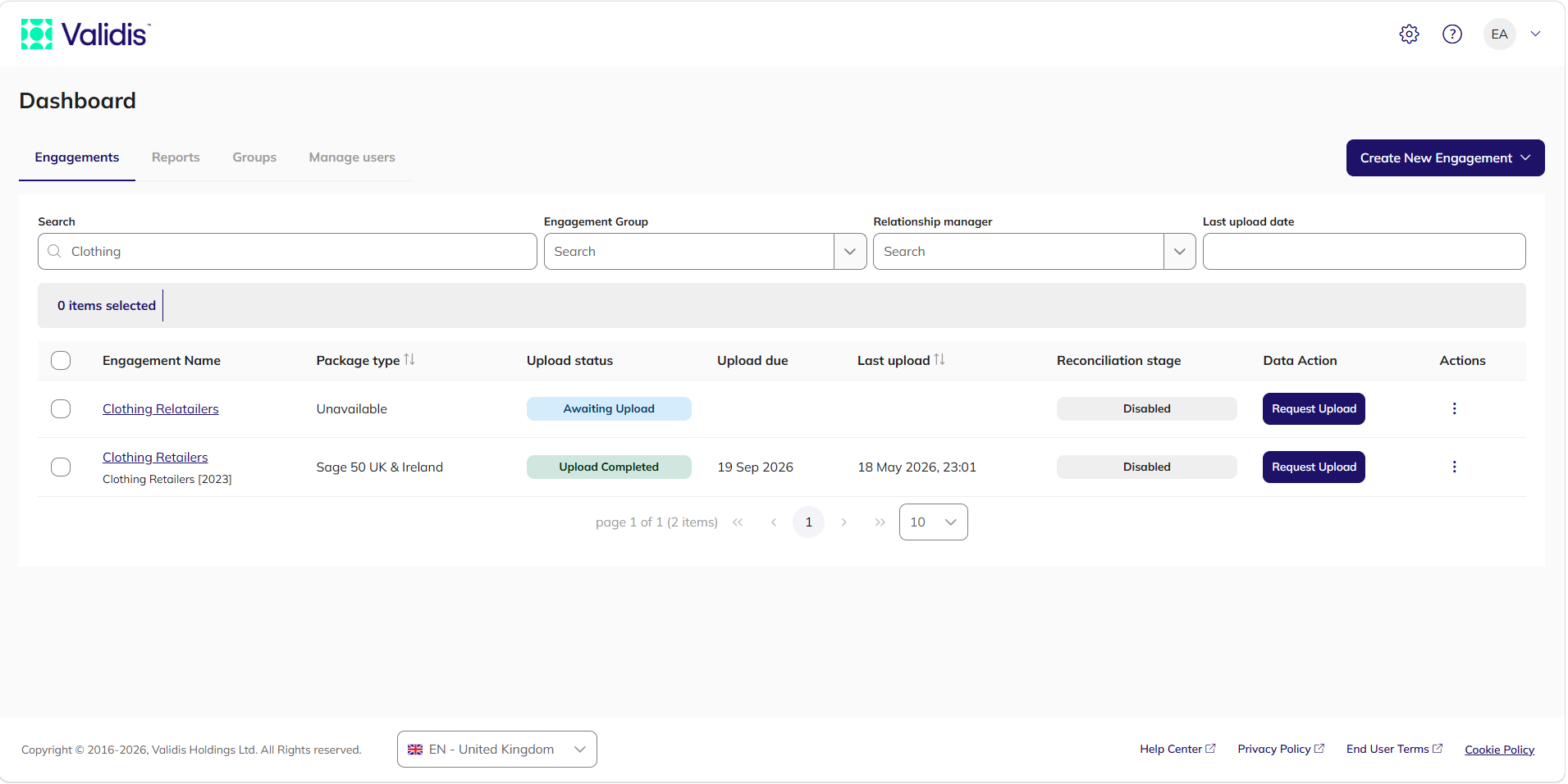 The Engagements tab of the Dashboard showing the search and filters, the column headings and two engagement rows