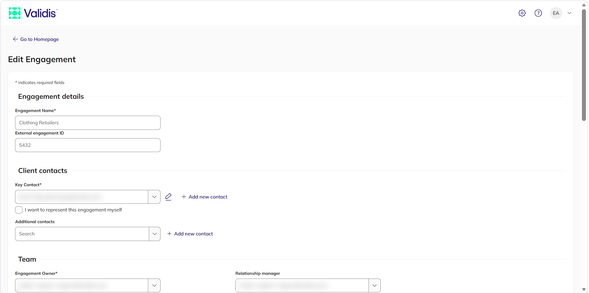 The top of the Edit Engagement page showing the Engagement details, Client contacts and Team sections