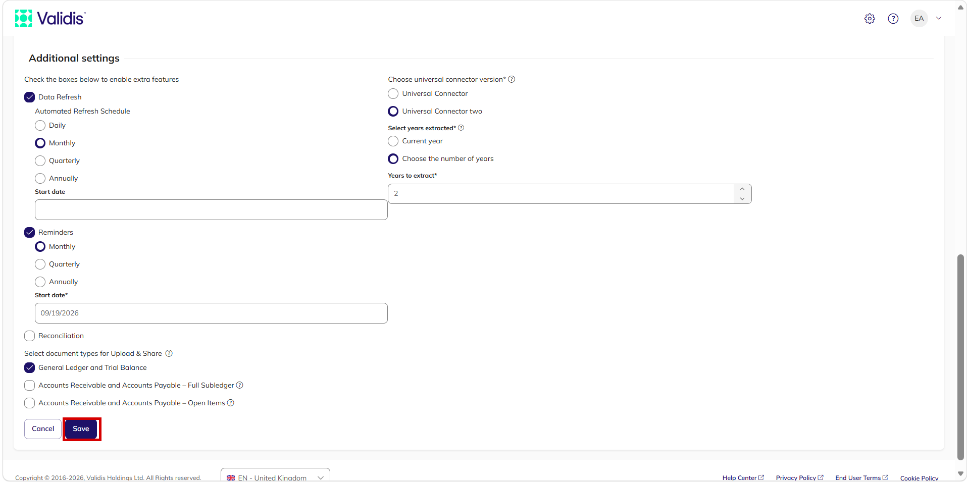The bottom of the Edit Engagement page showing the document type options and the Save button highlighted