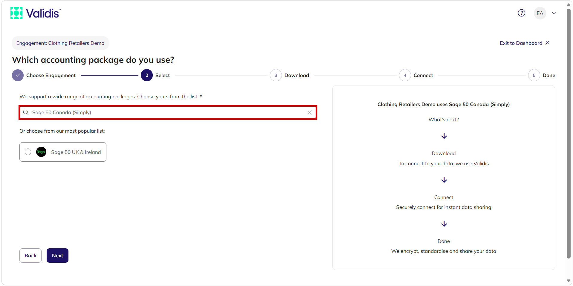 package step with Sage 50 Canada (Simply) selected