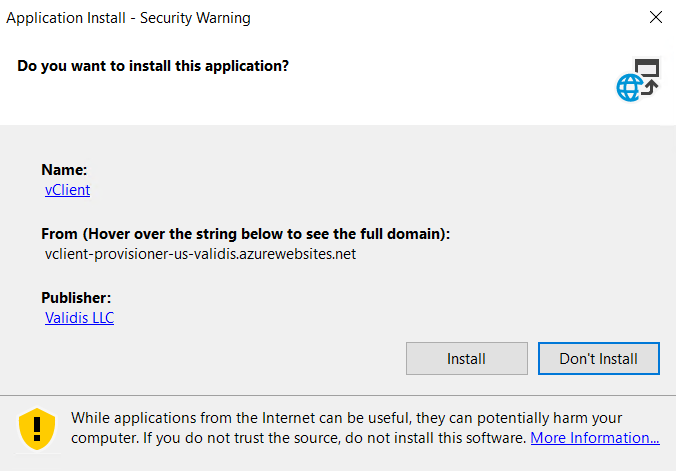 The vClient installer with the Install button