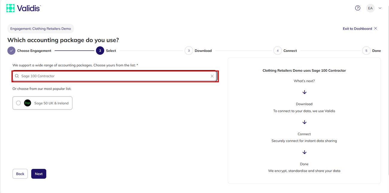 The accounting package step with Sage 100 Contractor selected