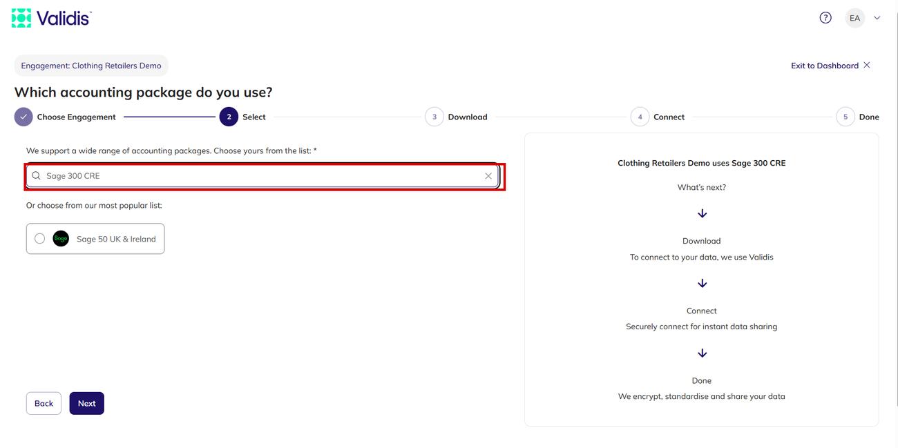 The accounting package step with Sage 300 CRE selected
