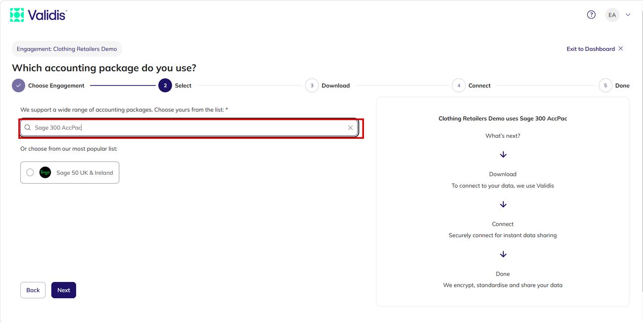 The accounting package step with Sage 300 AccPac selected