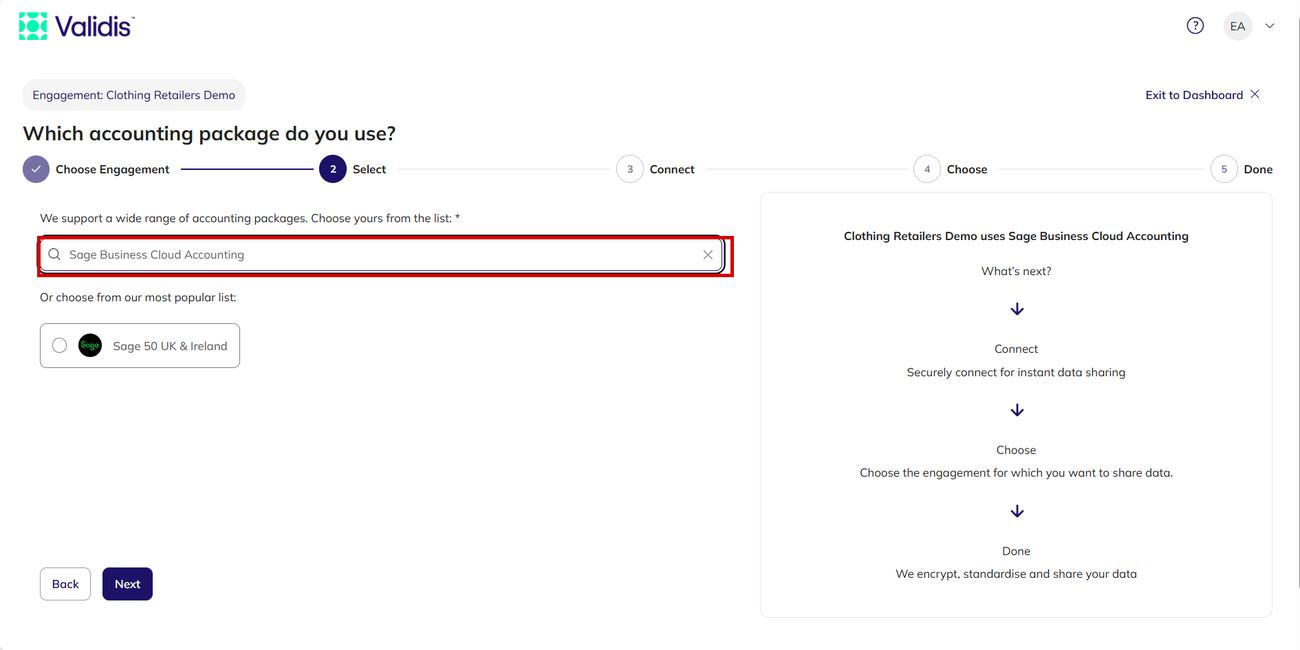 The accounting package step with Sage Business Cloud Accounting selected