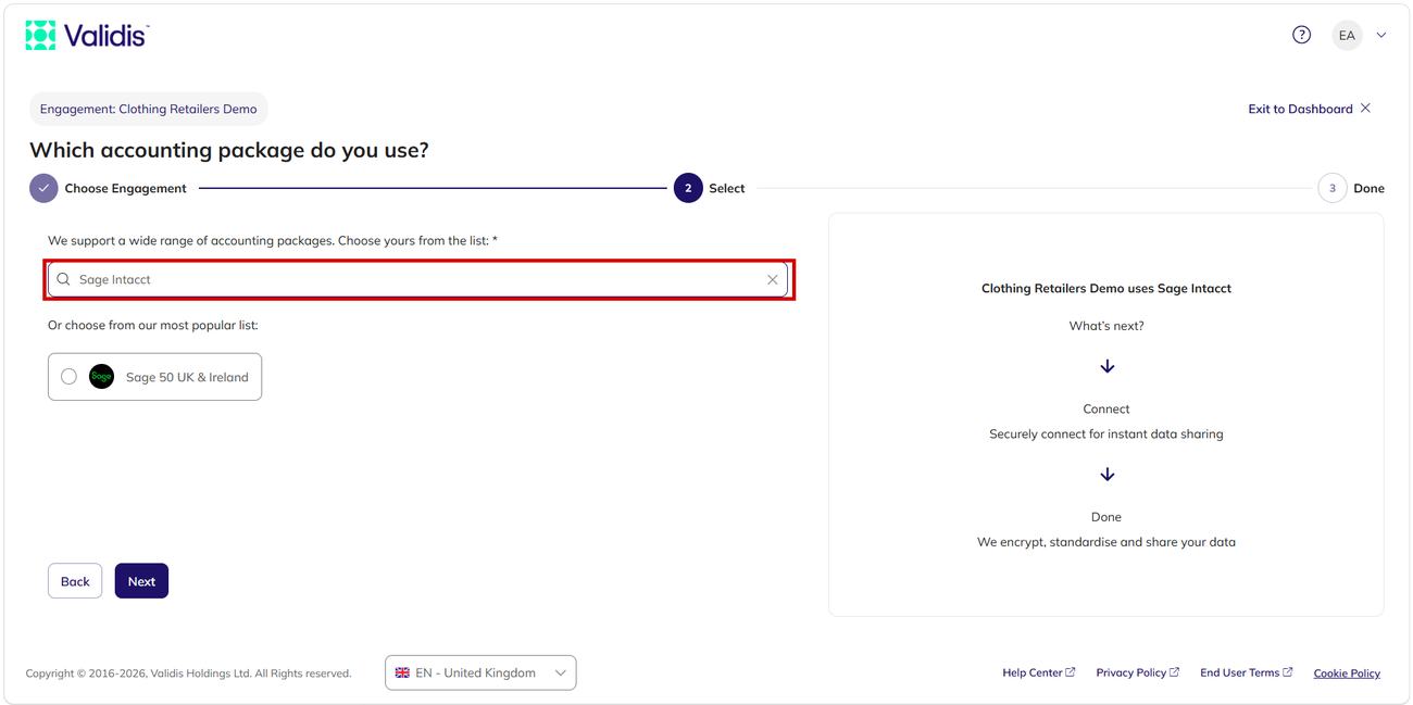 The accounting package step with Sage Intacct selected