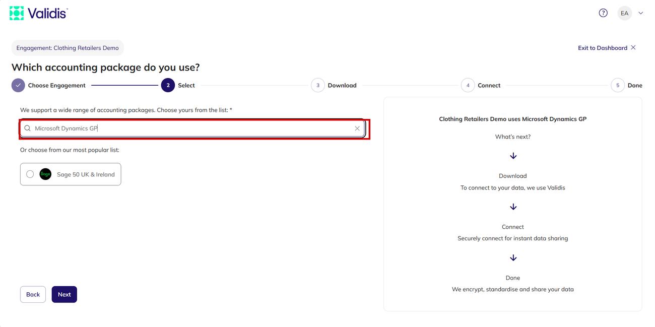 The accounting package step with Microsoft Dynamics GP selected