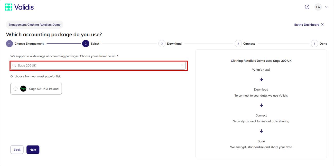 The accounting package step with Sage 200 UK selected