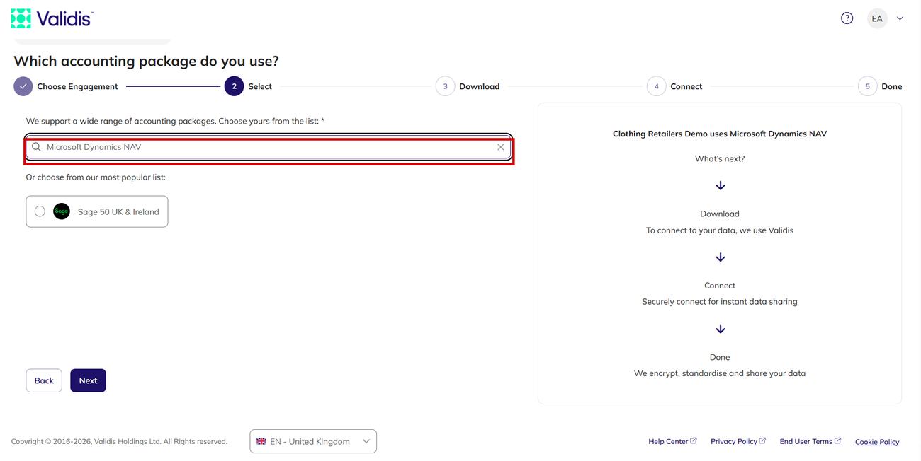 The accounting package step with Microsoft Dynamics NAV selected