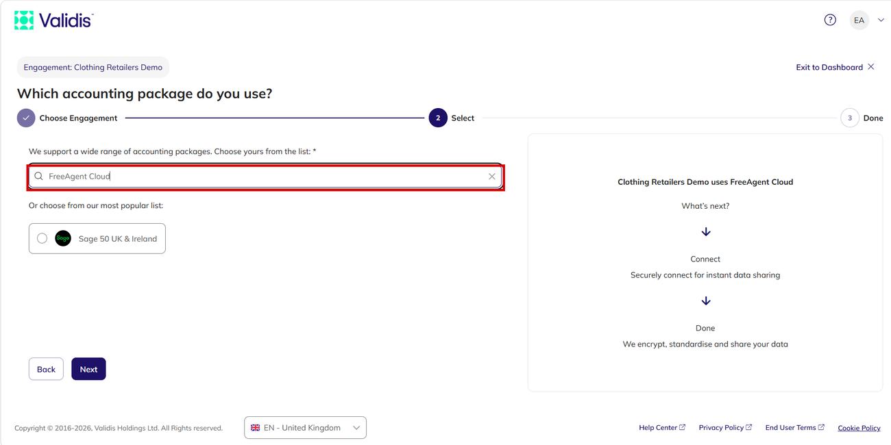 The accounting package step with FreeAgent Cloud selected