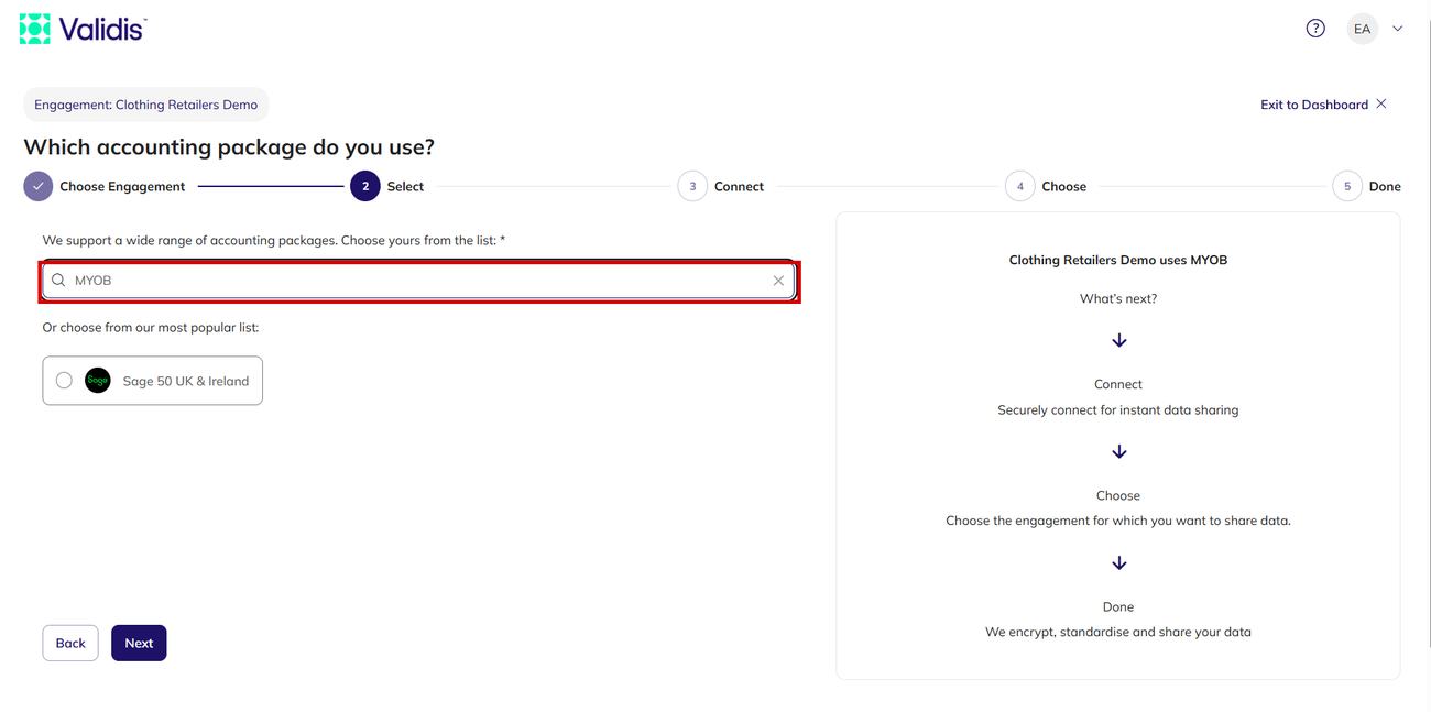 The accounting package step with MYOB selected